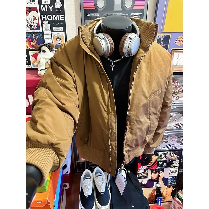 

Men's Casual Loose Fit Thiened Warm Cotton Jaet Stand Collar Winter Outerwear American Retro Sle Youth ort Wide Coat