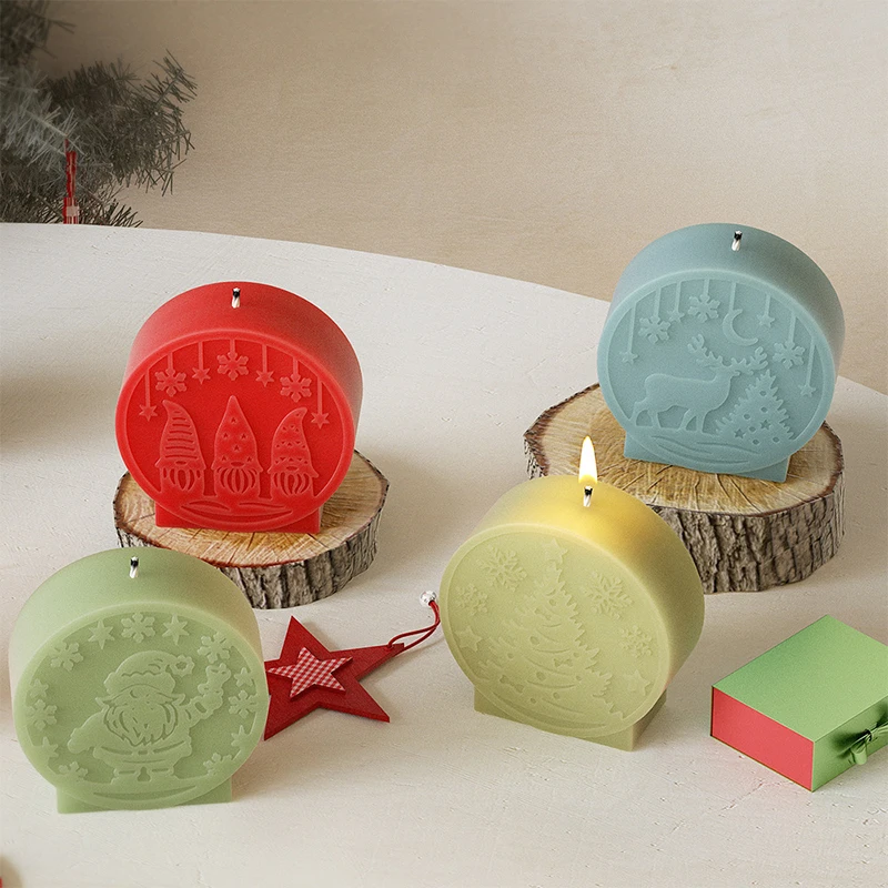 Round Christmas Candle Silicone Mold Santa Claus Snowmen Xmas Tree Plaster Epoxy Resin Soap Making Mold New Year Gift