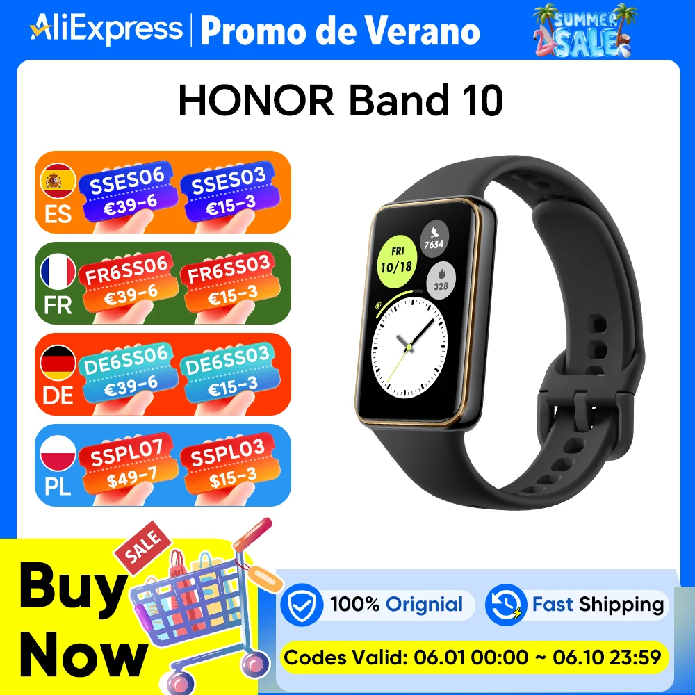 Version mondiale Honor Band 10 bande intelligente conception de bord incurvé santé du matin 1.57 "écran AMOLED 5ATM résistance à l'eau Bluetooth5.3