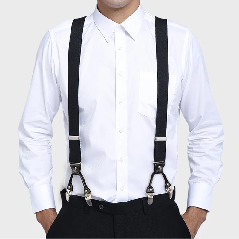 Vintage Suspenders for Men Heavy Duty Big Tall 3.5*120cm Wide Y Back 6 Metal Clips Adjustable Elastic Trouser Braces Strap Belt