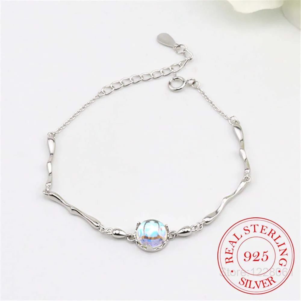 Real 925 Sterling Silver Crystal Round Bead Charm Bracelet & Bangles Link Chain Adjustable Braclets For Women Wedding Jewelry