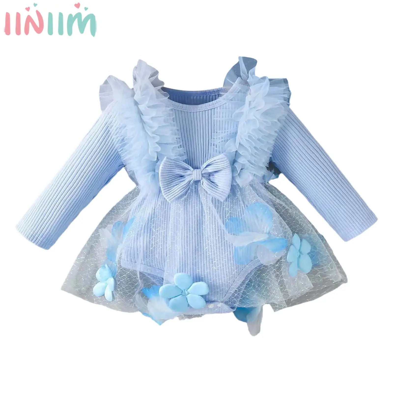 

Baby Girls Sweet Romper Princess Dress Long Sleeve Flowers Bow Tutu Ball Gown with Headwear for Daily Birthday Party Photography