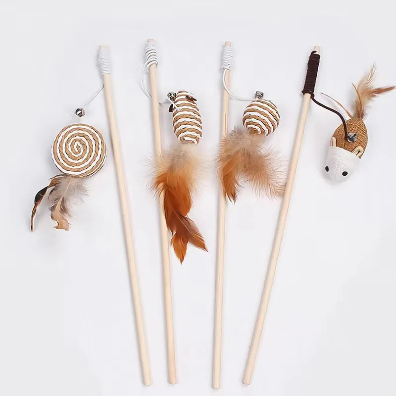 

Lot Cat Toys Teaser Wood Stick Kitten Funny Mouse Balls Feather Cat Wand Toys Interactive Cat Supplies