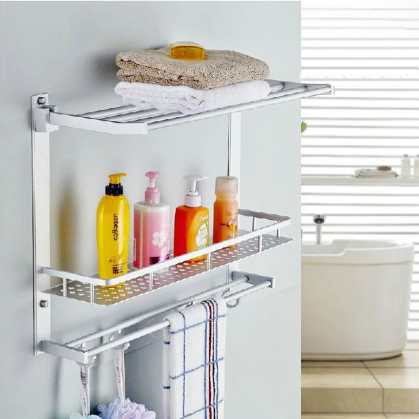 Vidric Aluminum Shelves Movable Shower Shelf Bath Rack With Hooks Towel Hanger Shampoo Storage Holder Bath Wall Shelf 7842