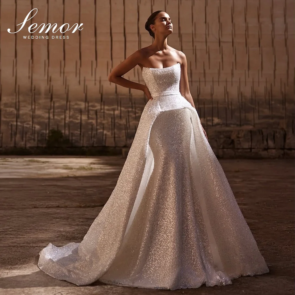 Semor New Arrivals Shiny Beads Pearls Sequins 2 Pieces Mermaid Wedding Dresses With Detachable Train Vestido De Noiva Customized