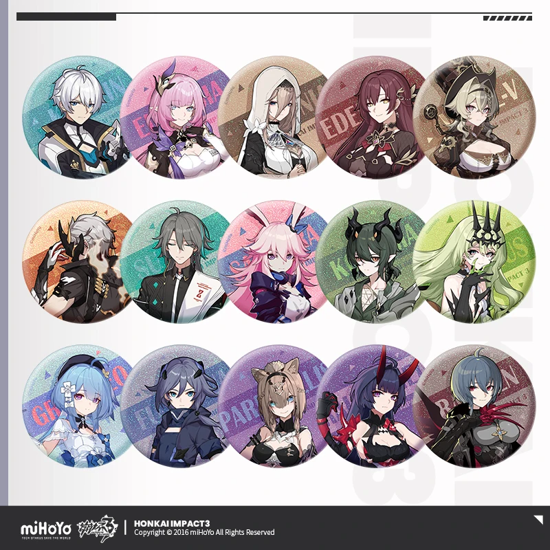 

58MM Anime Cartoon Metal Badge Game Honkai Impact 3 Cosplay Accessories Character Theme Tinplate Brooch Set Box Sakura Kevin