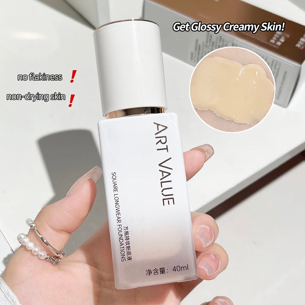 Square Matte Liquid Foundation Full Coverage Hydrating Makeup BB Cream Concealer Oil Control Cover Acne Dark Face Base Cosmetics