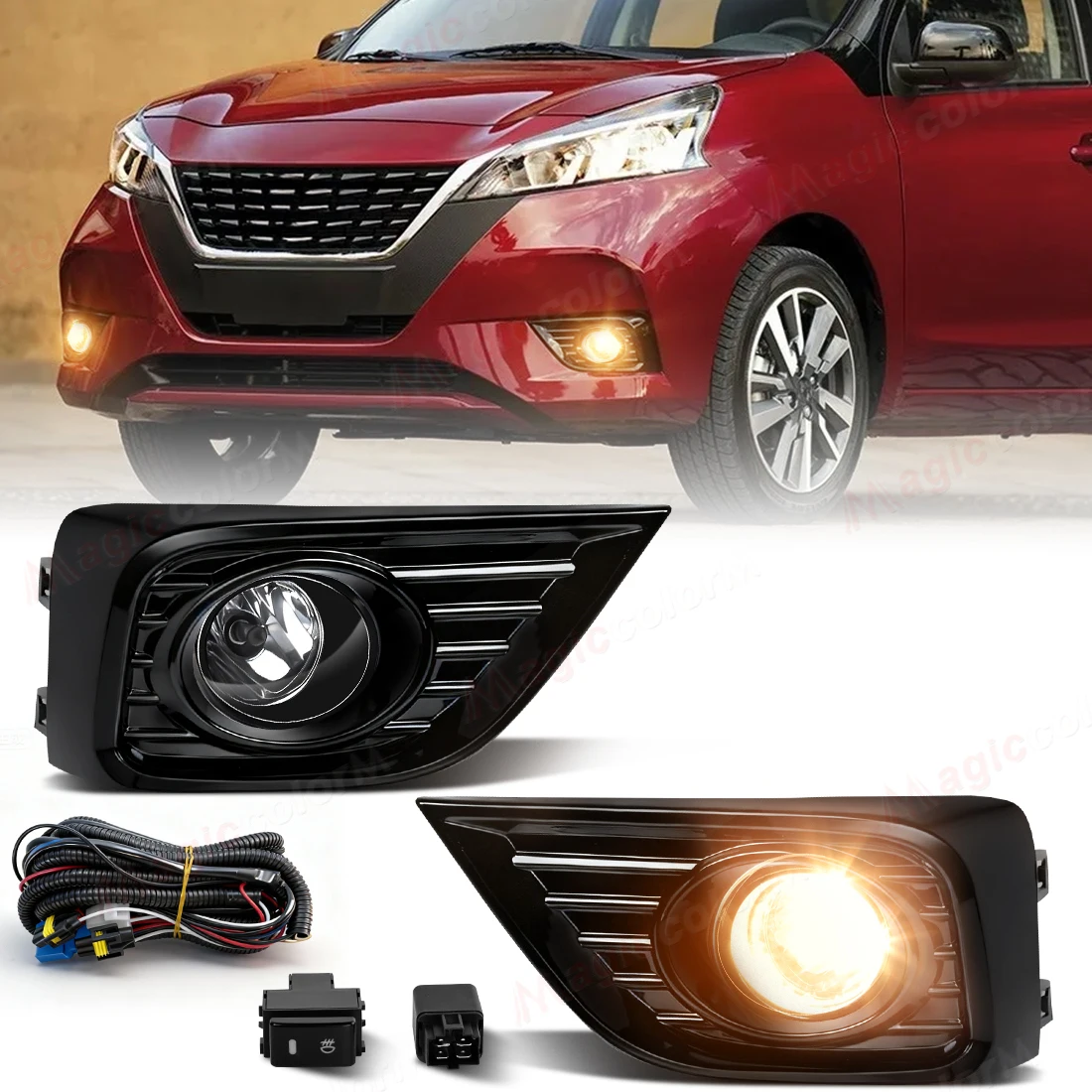 Car Front Bumper Fog Lamps For Nissan March 2021 2022 Daylights DRL Auto Halogen Foglights with Frame Covers Wires Relay 2PCS