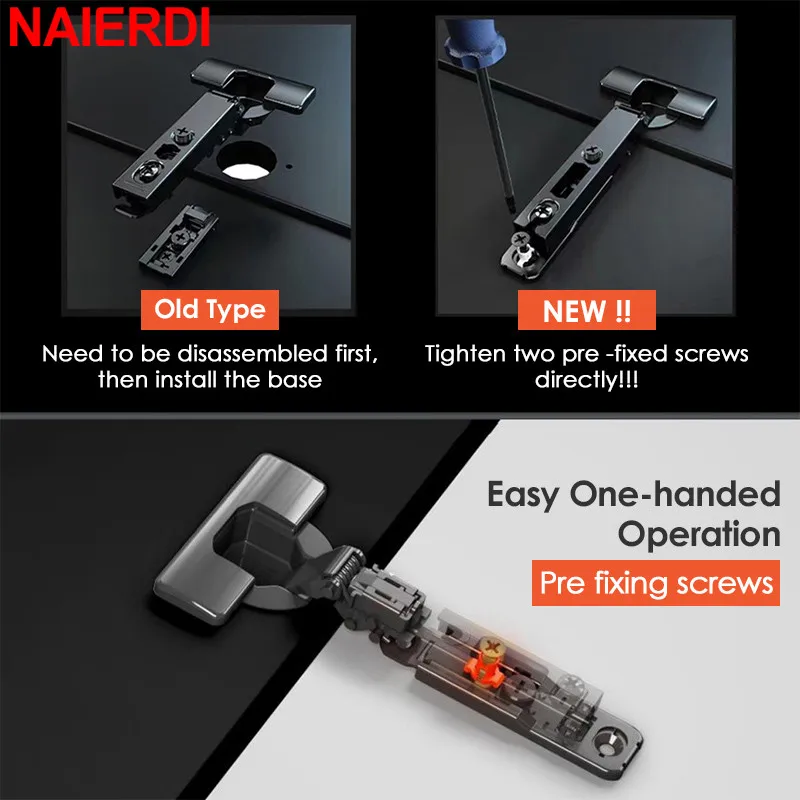 NAIERDI 2PCS Black Hydraulic Hinges Cold Rolled Steel Cabinet Door Hinge Damper Buffer Soft Closing Kitchen Cupboard Furniture