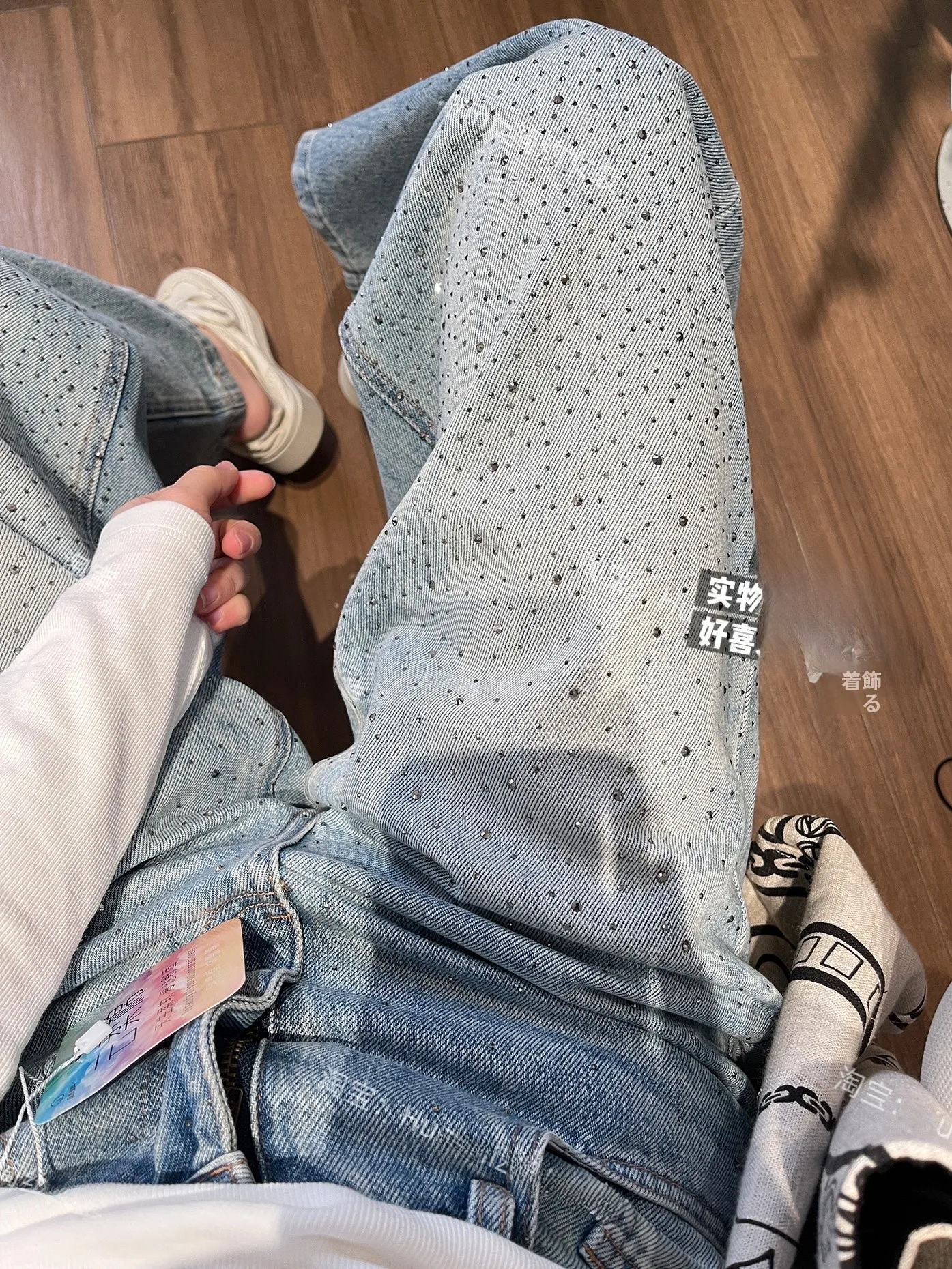 

Heavy Du Glittering Denim Jeans Women's Loose Straight Leg Jeans Spring Faion Diamond Embellied Wide Leg Pants