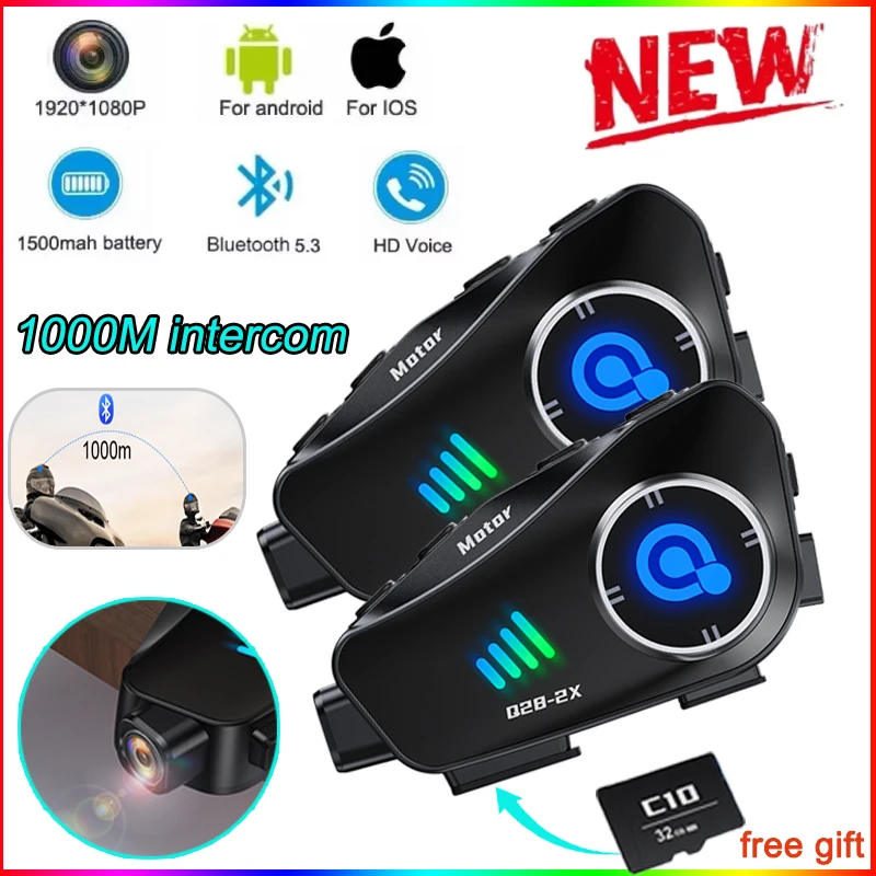 Q28-2X Motorcycle Bluetooth Helmet Intercom Headset with Hd Driving Recorder Wireless Camera 1080P Video Recorder Call Headset