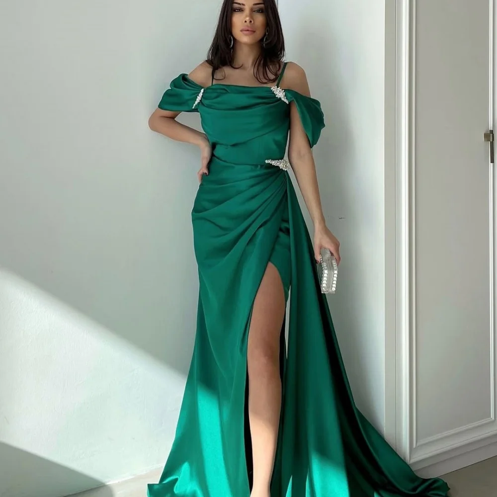 Amanda Customized Green Glitter Spaghetti Strap robes de soirée Off the Shoulder Party Dresses Satin Side Slit Prom Dress 2024