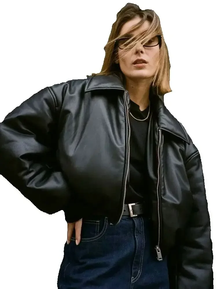 

2025 Winter Women's Motor Biker Warm Faux Leather Parkas Coats Female Street Oversized Padded Thicken PU Short Bomber Jackets