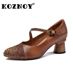 Koznoy 5.5cm naturalna skóra naturalna haft jedwabny etniczne masywne obcasy letnie kobiety pasek z klamrą klamry damskie modne buty