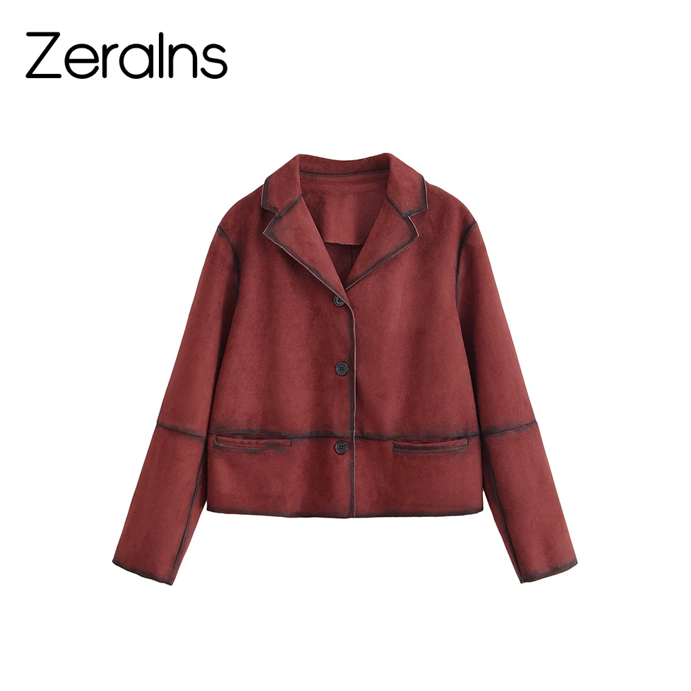 

ZERAINS женский летний костюм 2024, новый европейский и американский модный замшевый текстурированный кожаный костюм с длинными рукавами, пальто