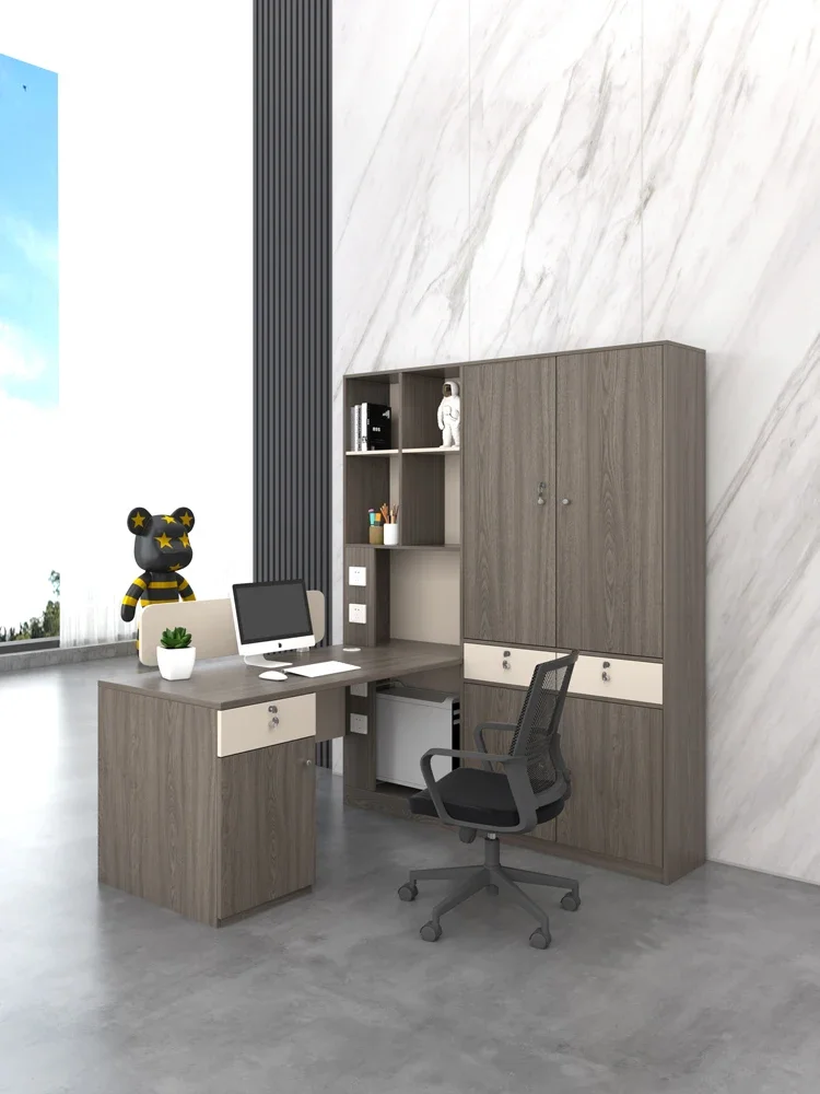 Double seat with high cabinet, simple modern supervisor and staff office desk and chair combination