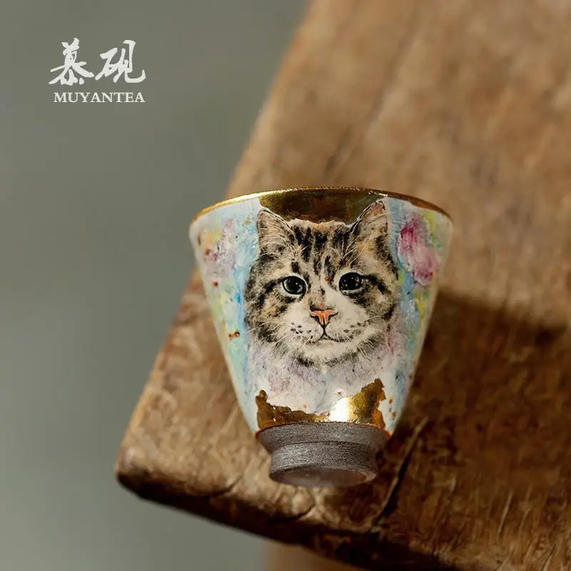 Mu Yan Japanese-Style Hand-Painted Cat Wood-Fired Clay, Shino Master Cup, Creative Handmade Rustic Ceramic Tea Cup