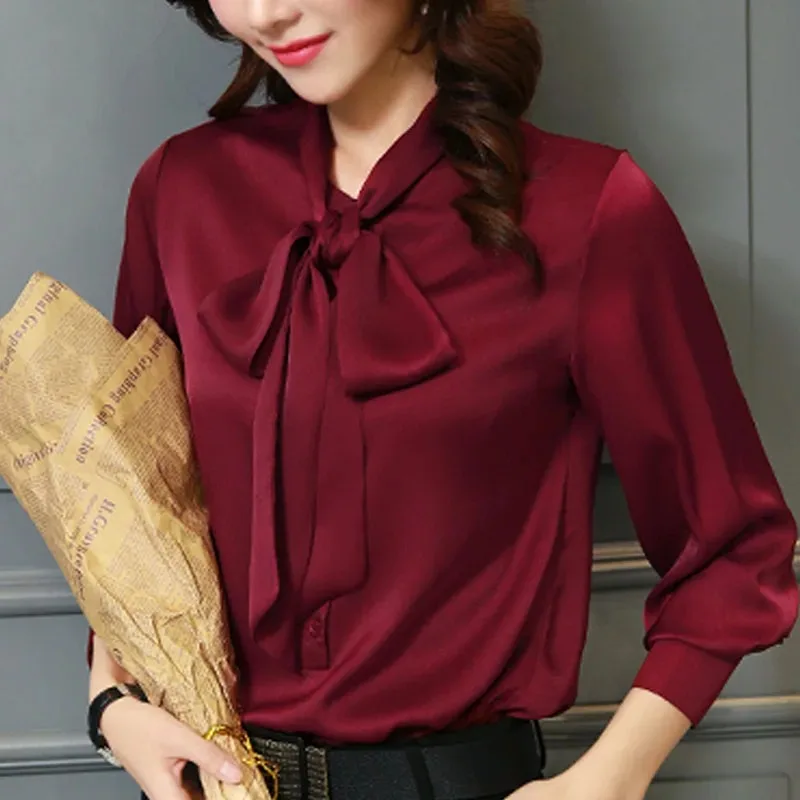 Women\'s Loose Chiffon Blouse, V-Neck, Solid Shirt, Bow Lantern Sleeve, Fashion Blouses, Casual Clothes, Autumn Tops, 2198