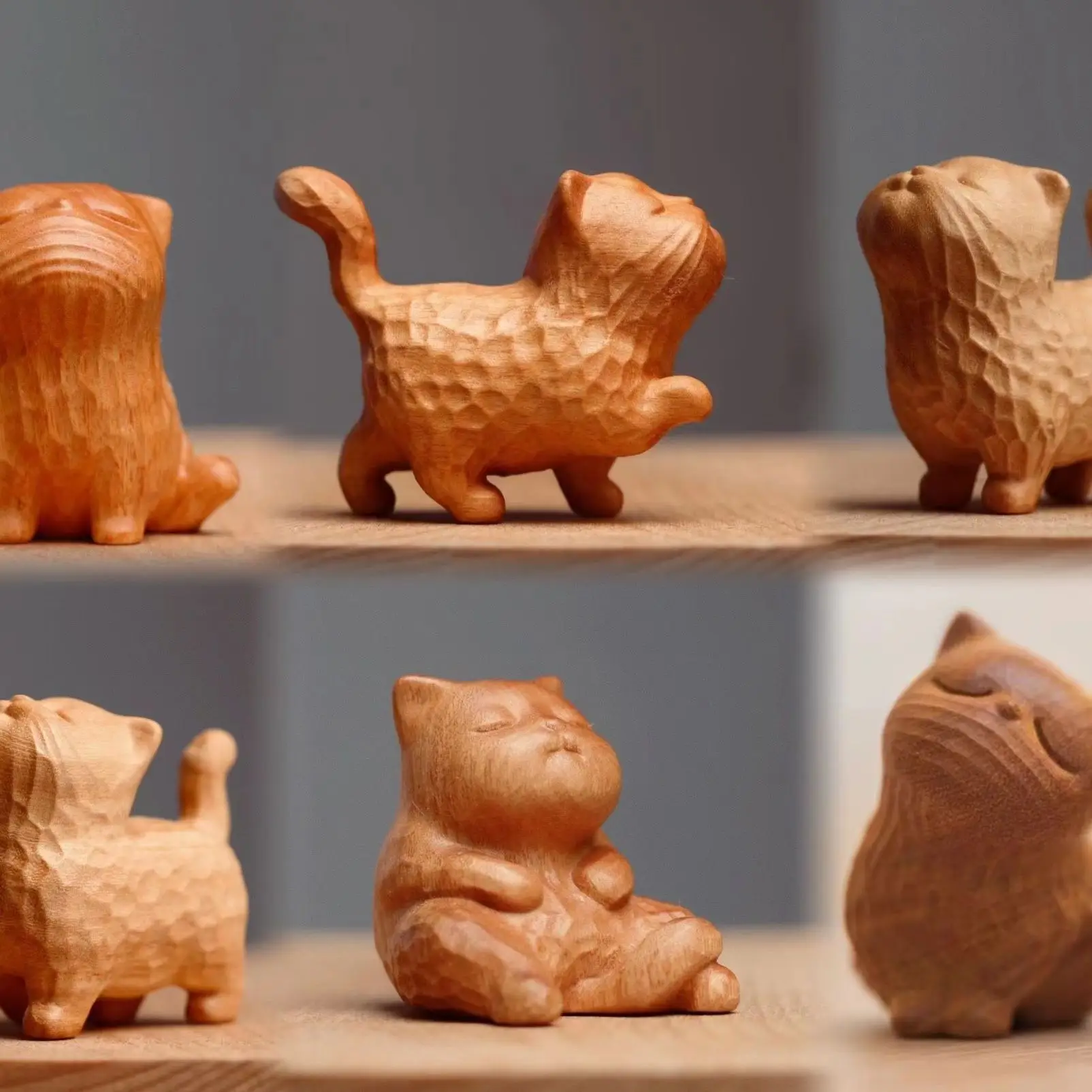 Sandalwood Carved Cute Cat Figurine Simple Solid Wood Mini Statue Hand Play Birthday Gift for Girlfriend Home Desktop Ornament