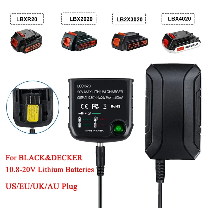Lithium Battery Charger Adapter Compatible with For Black&Decker 20V Lithium Batteries LBX20, LBX4020, LB2X4020 US/EU/UK/AU Plug