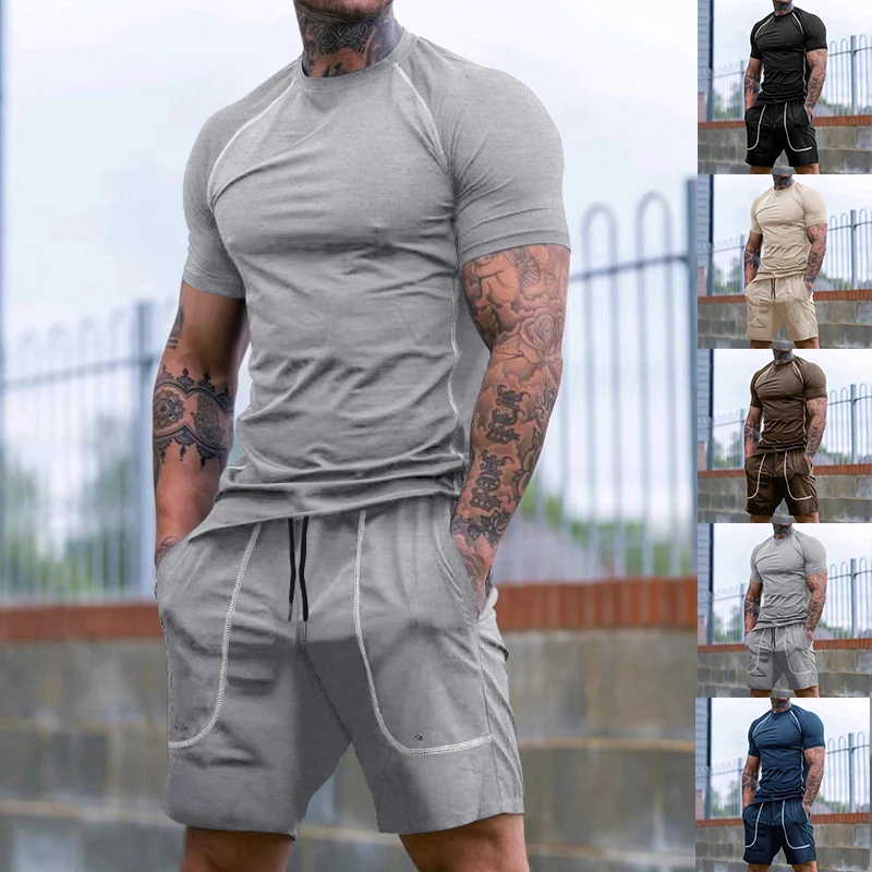 Cross-border Europe and the United States men's solid color short-sleeved shorts T-shirt tracksuit