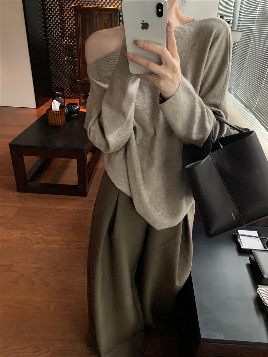 Grey White Black Sexy One Shoulder Loose Sweater Women New Fall Long Sleeve Casual Knitted Pullover Jumper Oversize Chic Top