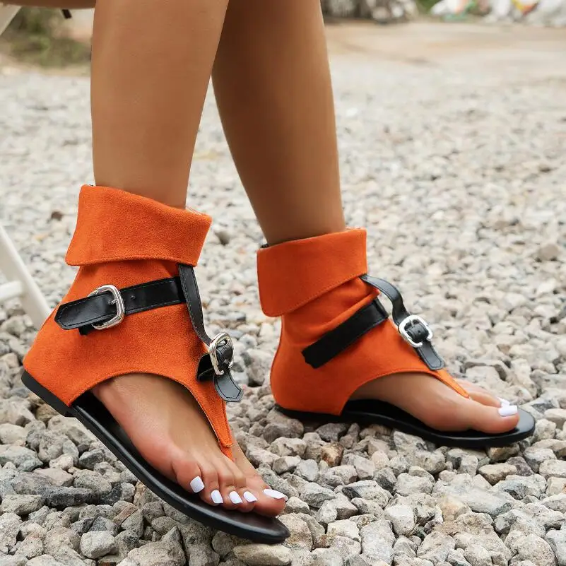 

2025 New Summer Clip Toe Roman Sandals Denim Belt Buckle High Top Flat Boots Dressy Casual Designer Sandals Women