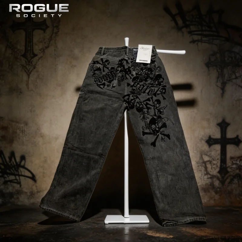 Jeans Vintage Gótico Americano Y2K de Verão com Estampa de Caveira para Homens e Mulheres, Calças de Denim Soltas, Moda Casual Retro