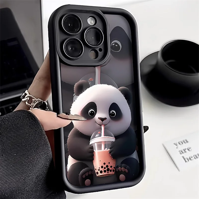 

Lovely Hot Milk Tea Panda Case For iPhone 16 15 14 13 12 11 Pro Max XS XR X 8 7 Plus SE2 Shockproof Bumper Silicone Back Cover