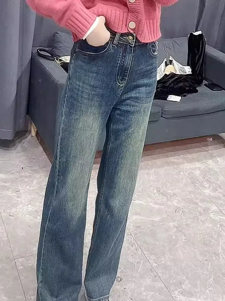

High Waist Straight Leg Denim Jeans Women's Loose Fit Slimming Wide Leg Pants Casual Sle Button Closure Jeans High Elastici