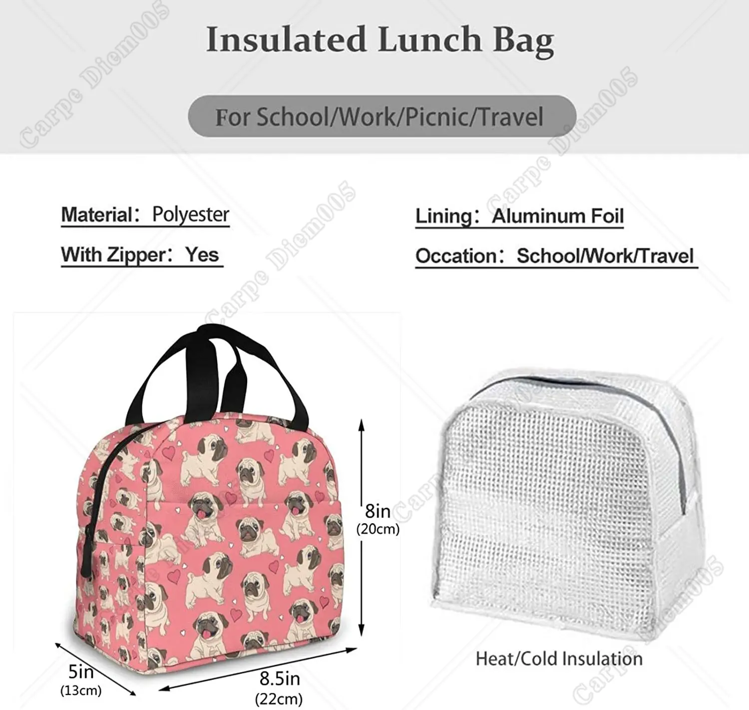 Cute Puppy Pug Dog Lunch Bag Box for Girls Women school Insulated Lunch Bag Reusable Portable Waterproof Cooler Travel Picnic