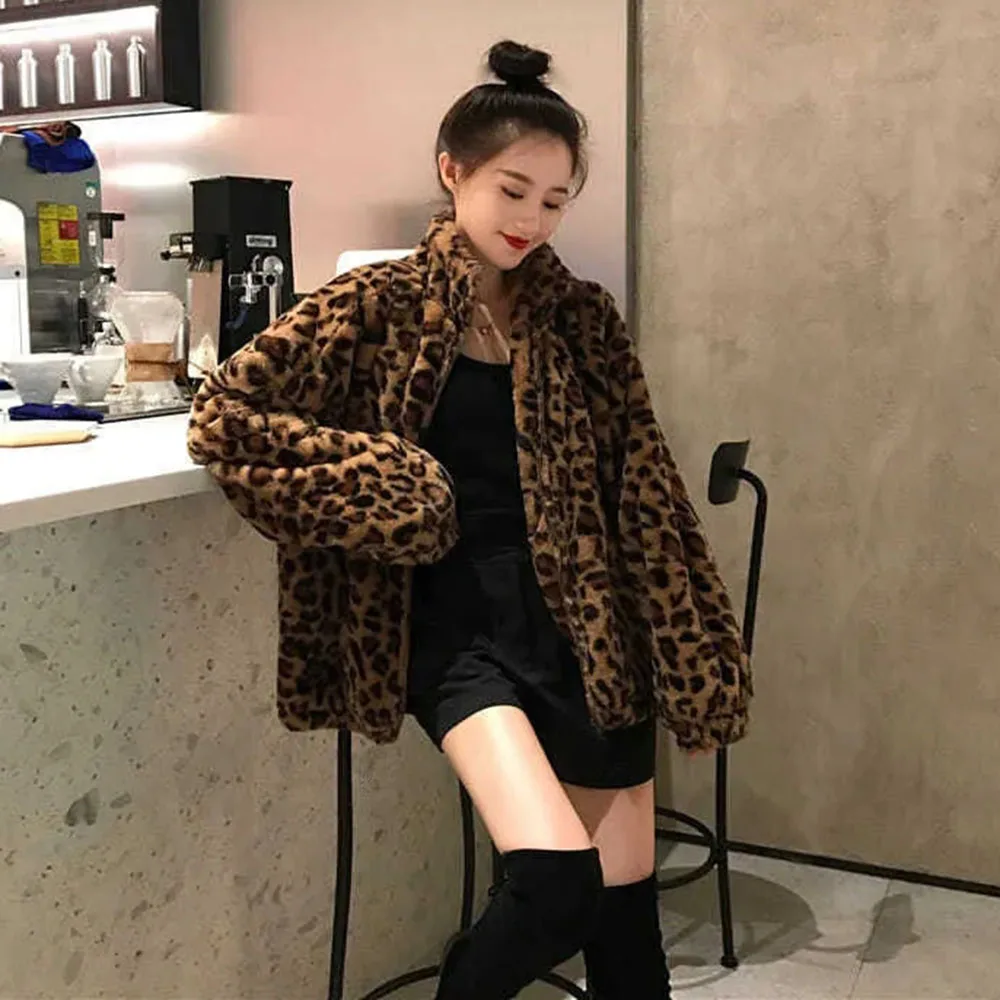 Autumn And Winter Womens New Leopard Print Stand-up Collar Top Soft Zipper Plush Warm Loose Slim Fashion Long Imitation Fur Coat