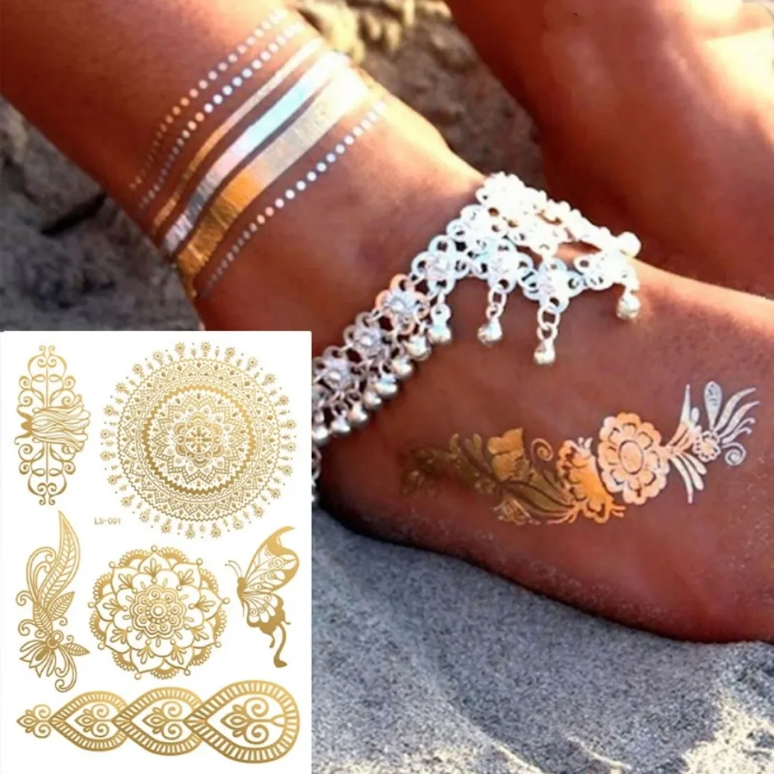 1P Fake Tattoo Sticker Metallic Foil Rose Gold Temporary Tattoo Sticker Art Lace Bridal Mandala Water Transfer Tattoo Sticker