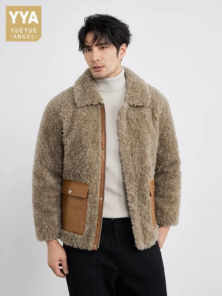 Winter Men Warm Real Sheep Fur Jacket Spliced Pocket Slim Fit Business Casual Work Coat Lapel Collar Natural Wool Outwear Jacket