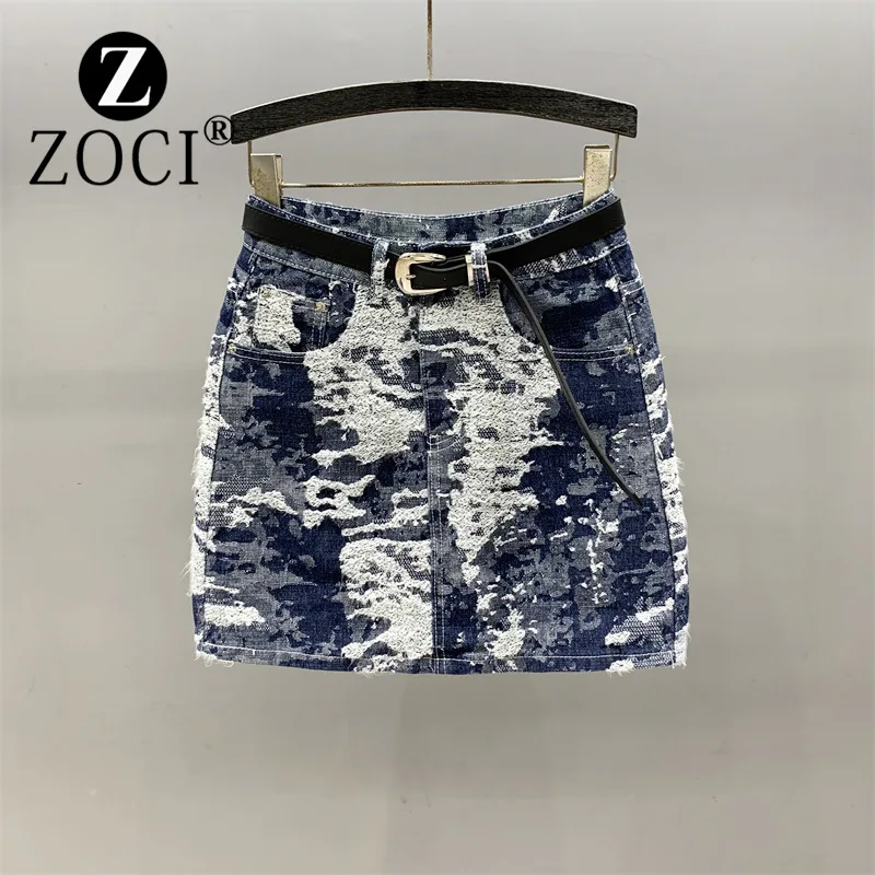 ZOCI-Jupe Midi en Denim Mélangé, Courte, Taille Haute, Jacquard, Slip, Nouvelle Collection Été 2024