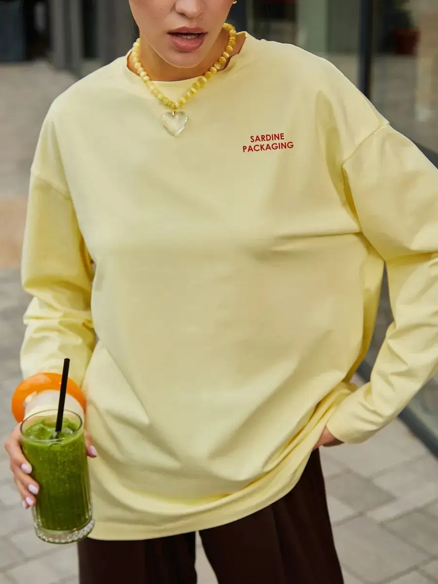 Słodkie damskie koszulki morelowe Śliczne sardynki Retro Czysta bawełna Długi rękaw Cienka bluza Jesienne modne topy Kawaii Duży rozmiar Y2K