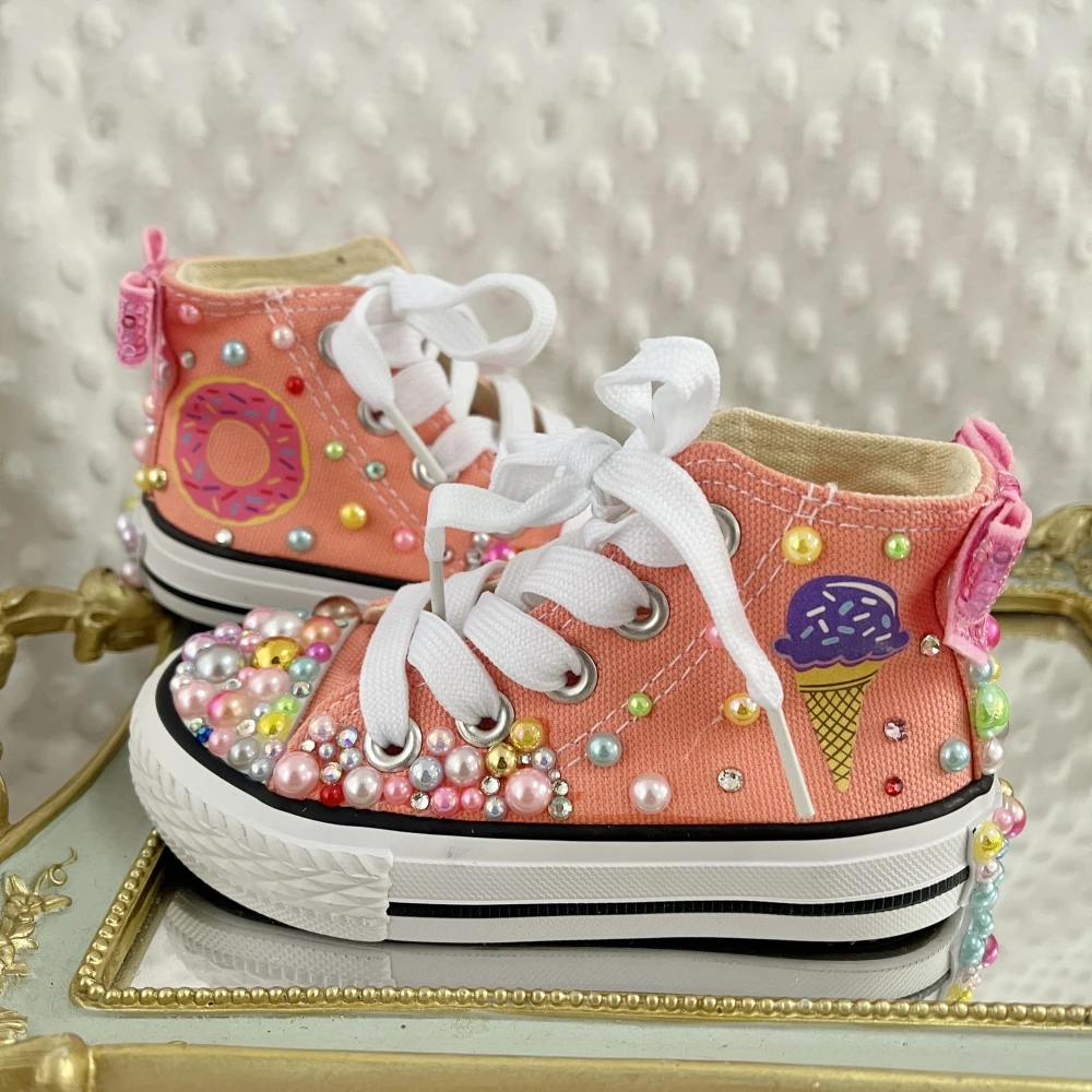 Kids Shoes Name Photo Custom Design For Girl Birthday Party Canvas Dollbling Handmade Bling Rainbow Pearls Sneakers