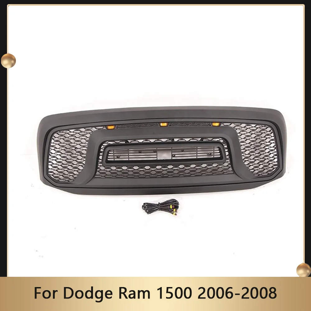 

Rebel Style Front Bumper Grill For Dodge Ram 1500 2006-2008 With Letters & Lights Hood Upper Grille Honeycomb Grid Mesh Grills