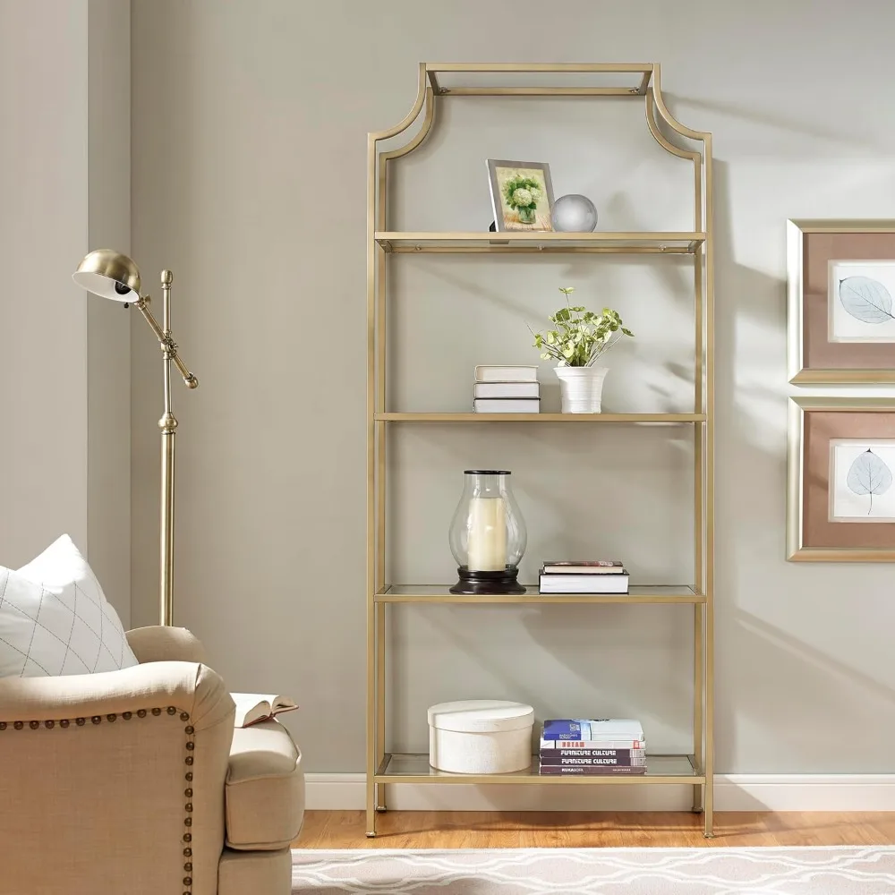 Aimee Bookshelf With Glass Shelves, Bookcase Storage, Gold And Glass