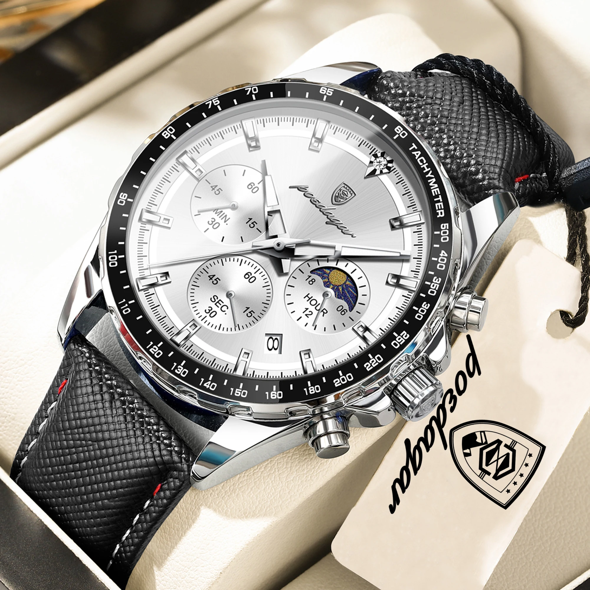 POEDAGAR Fashion Youth Men Wristwatch Luminous Waterproof Leather Man Clock Chronograph Date Quartz Military Men's Watches Reloj