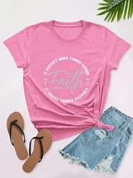 Faith Print Christian T-Shirt, Short Sleeve Crew Neck Casual Top For Summer & Spring, Women's Clothing