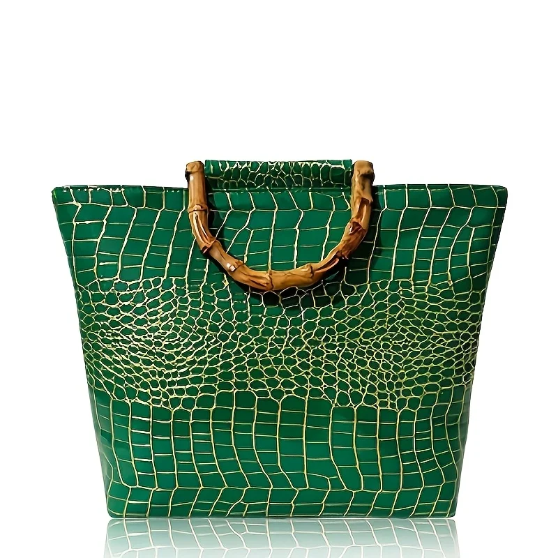 Hochwertige Kunstleder-Handtasche in Smaragdgrün mit Krokodilmuster für Damen, glänzende, geprägte Kunstbambus-Griff-Handtasche – Detail 7
