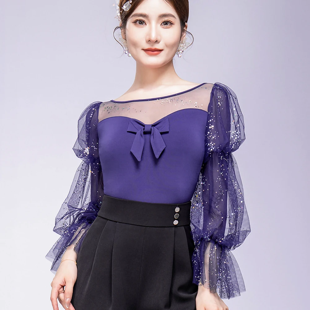 Фиолетовая одежда, новая женская тренировочная одежда, топ с длинными рукавами и круглым вырезом, черная синяя рубашка для танцев самбы, сетка