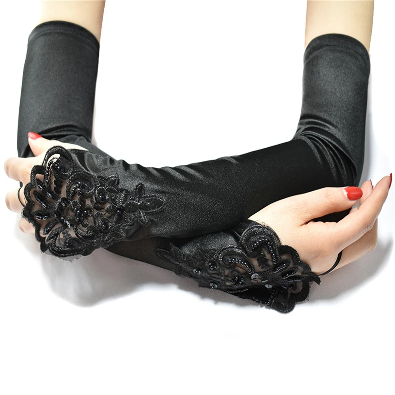 Long Satin Sexy Lace Embroidery Hook Finger Gloves Retro Party Women Etiquette Drive Cosplay Dinner Dance Mittens for Female