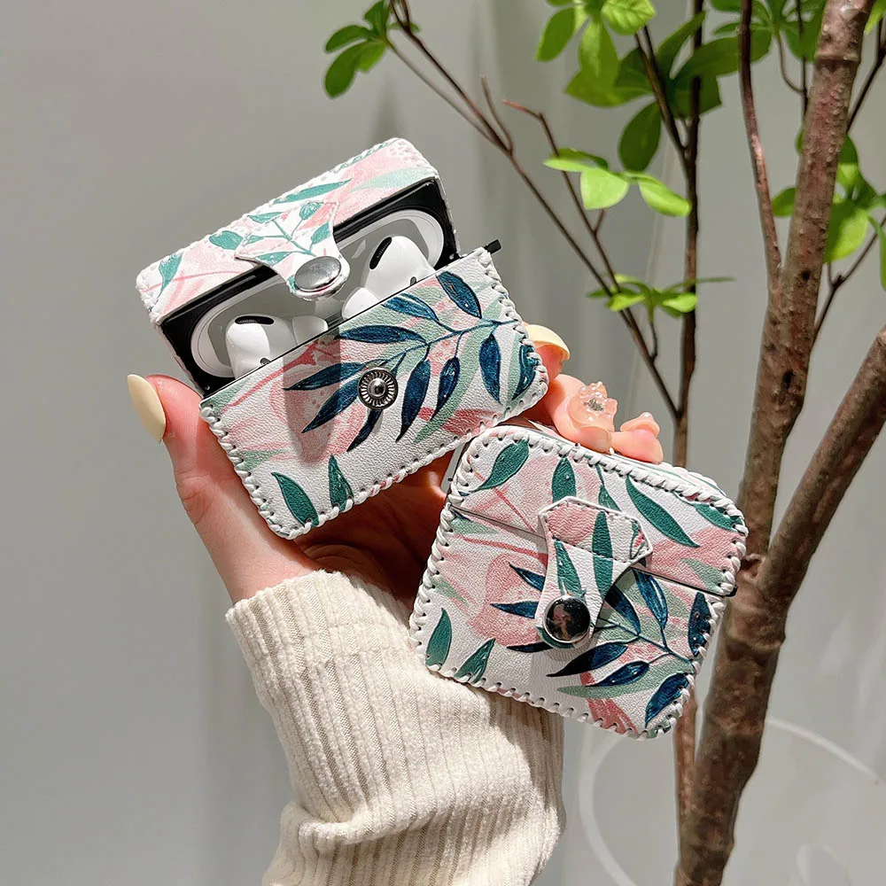 Custodia per auricolari in pelle di lusso per AirPods 3 2 Pro morbida rosa tulipano foglie fiori copertura quadrata per scatola di ricarica per cuffie Air Pods