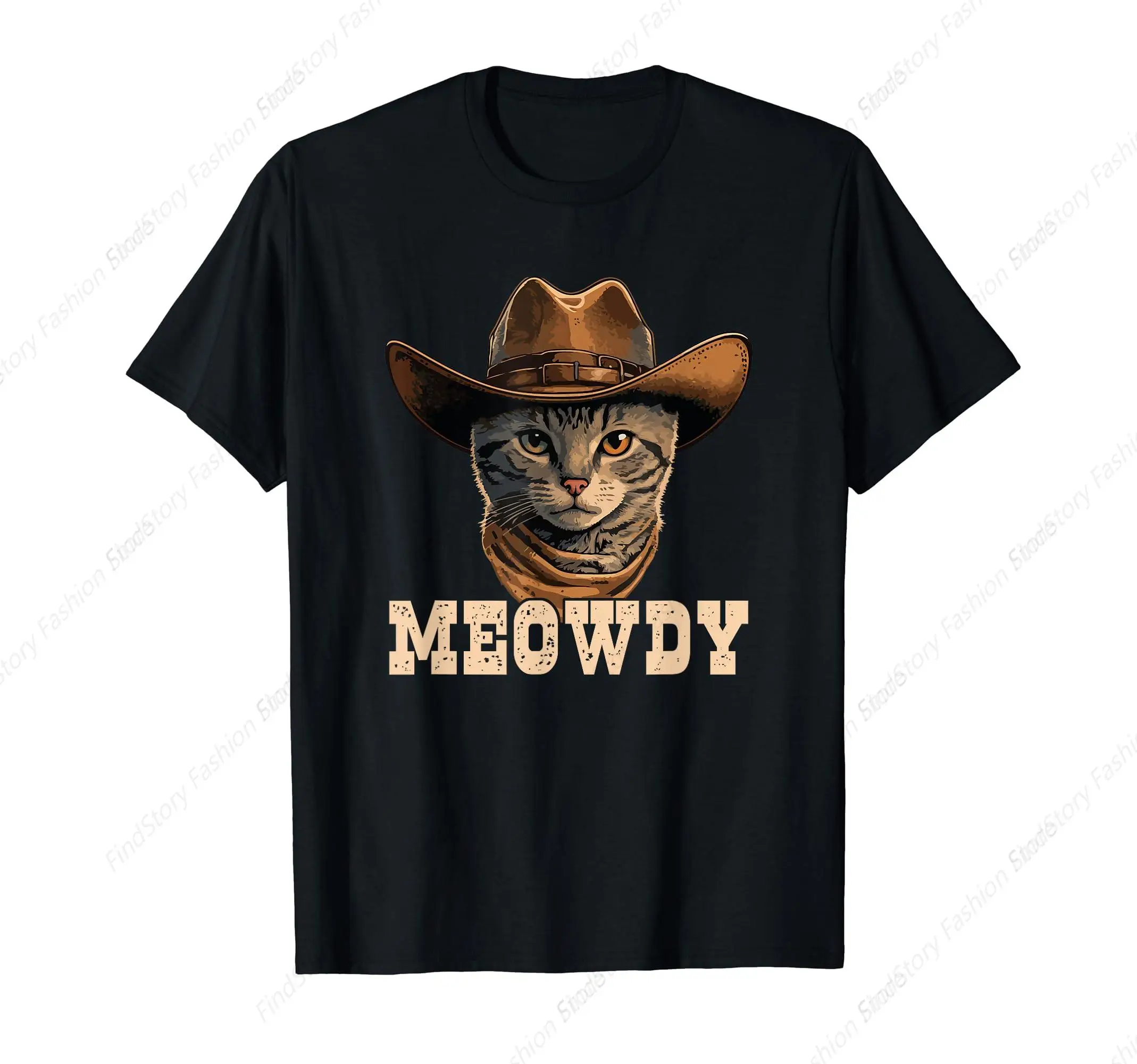 Cowboy Cat T-Shirt for Men Washed Cotton Vintage Short Sleeve Crew Neck Clothing Fashion Streetwear Sports Tops