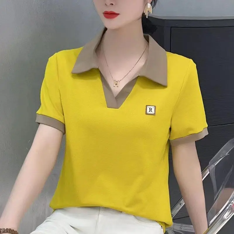 Yellow Polo Neck Blouse With Contrast Collar And Sleeve Trim For Women Casual Summer Wear Stylish Spliced Design