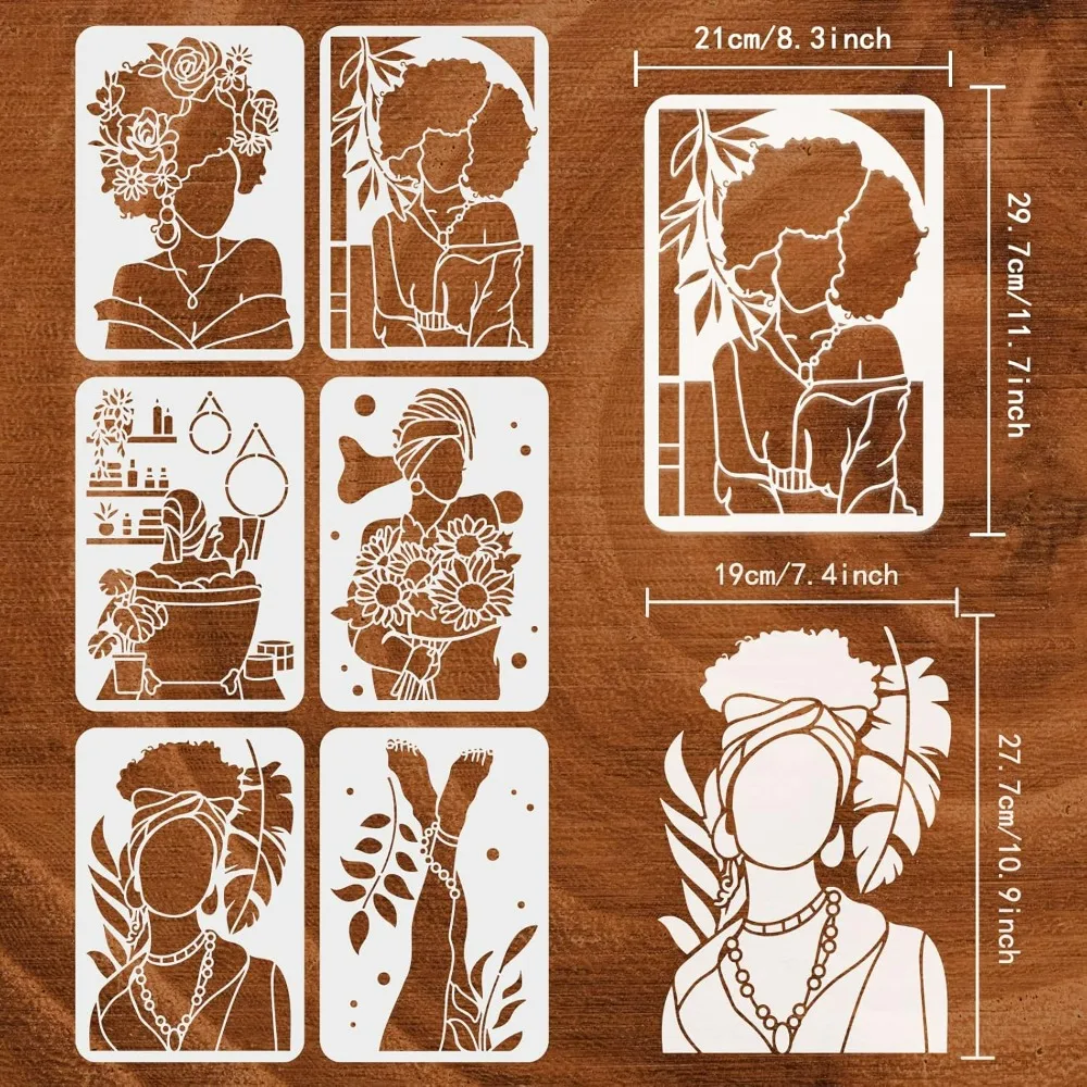 6 pcs African Tribal Women Stencils 8.3x11.7inch Reusable African American Painting Stencil Female Silhouette Making Kit