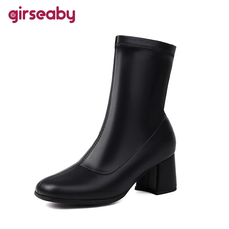 

Girseaby Ankle Boots Slip On Autumn Antislip Shoes Big Size 47 48 US17 Fashion 6cm Block Heel Stretchy Faux Leather Block PU Hot