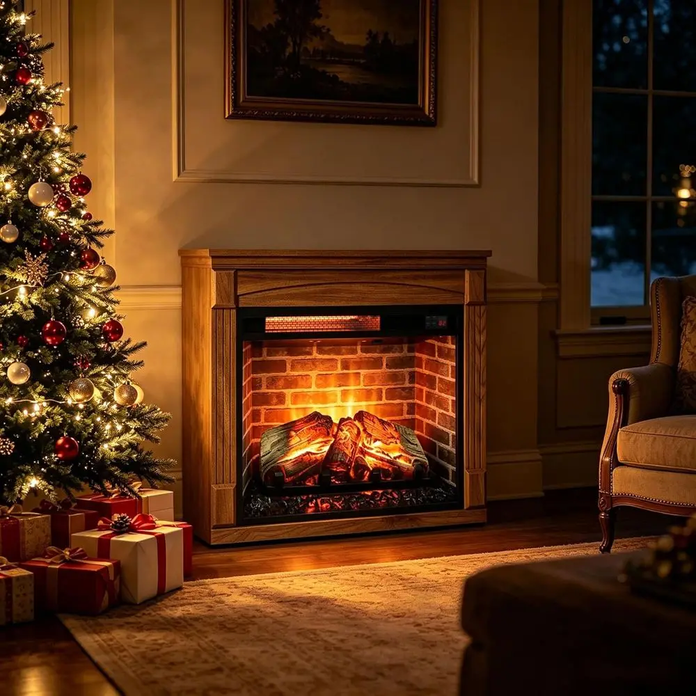 

28" Electric ireplace with Mantel, reestanding ireplaces with Realistic lame & Logs, Remote Control, Timer, Adjustable 4 lame Br